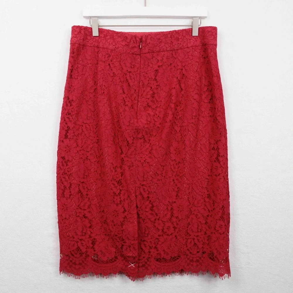 J CREW Pintucked Pencil‎ Skirt Red Lace Feminine Valentines Date Night Sz 14
